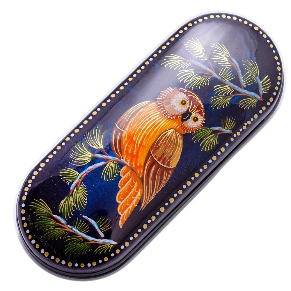 Owl Bird Russian Eyeglasses Case Handmade Palekh Case for Glasses 3x6"
