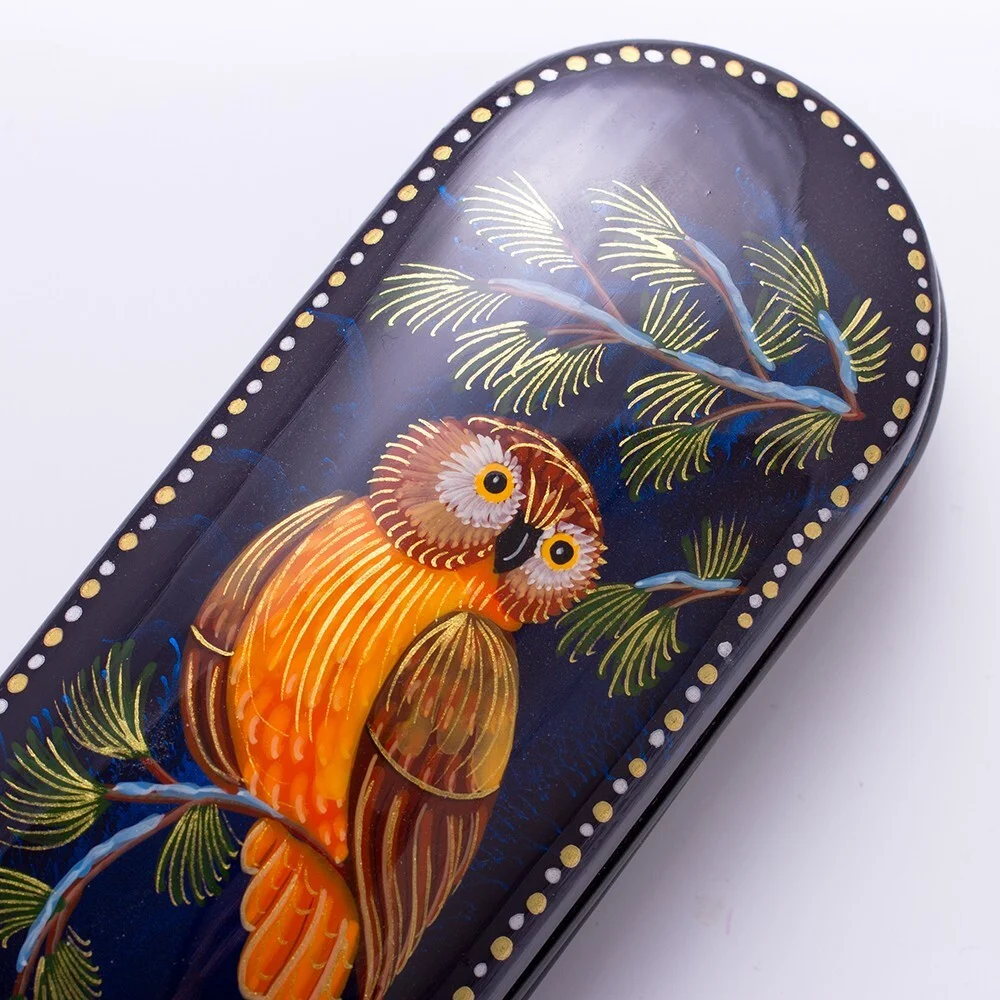 Owl Bird Russian Eyeglasses Case Handmade Palekh Case for Glasses 3x6" 2