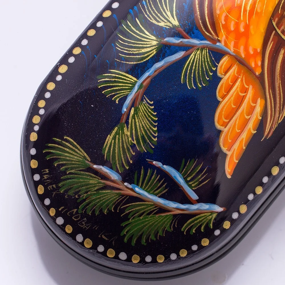 Owl Bird Russian Eyeglasses Case Handmade Palekh Case for Glasses 3x6" 3